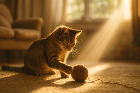 A playful cat engages with a ball of yarn as sunlight streams through a window, creating a warm and inviting atmosphere in a comfortable living room.の素材