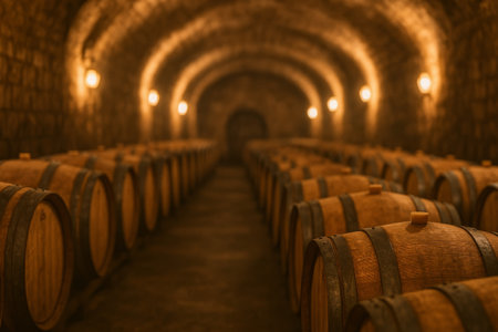 This rustic wine cellar features numerous wooden barrels arranged neatly in a dimly lit corridor, creating a cozy and atmospheric setting ideal for wine aging.の素材