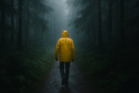 A lone figure in a yellow raincoat walks down a narrow trail surrounded by tall trees in a misty forest at twilight. The atmosphere is calm yet mysterious, shrouded in fog.の素材
