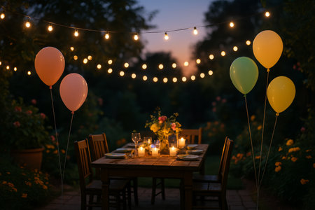 A beautifully decorated garden table is set for an evening gathering. Colorful balloons float beside glowing candles and vibrant flowers as twilight settles in.の素材
