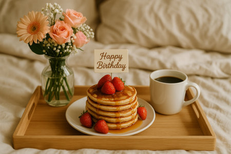 A cozy breakfast setting features a stack of pancakes topped with blueberries and a birthday candle. A cup of coffee and a vase of roses complete this festive morning treat.の素材