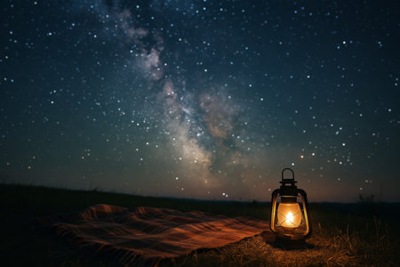 A cozy lantern glows softly on a blanket spread across an open field, illuminating the grass beneath, while the Milky Way shines overhead in the clear night sky.の素材