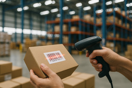 A worker scans a package barcode inside a busy warehouse. Shelves filled with boxes are visible in the background, indicating inventory management and logistics operations.の素材
