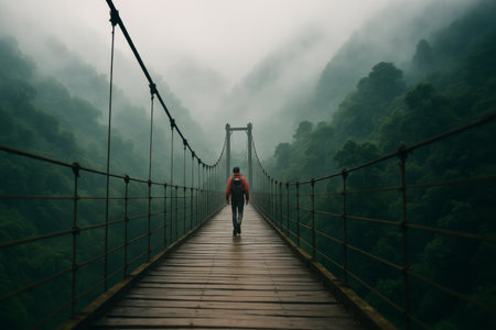 A person walks alone on a wooden suspension bridge with fog-covered mountains in the background. The atmosphere is serene and mysterious, enhanced by dense green foliage.の素材