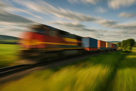 A freight train speeds through vibrant green fields with colorful cargo containers. The sun sets low, casting a warm glow against a backdrop of dramatic clouds.の素材
