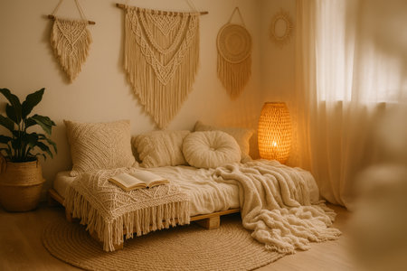 Soft textiles and earthy tones create a tranquil atmosphere in a bohemian living room, centered on a cozy bed adorned with cushions and a warm lamp illuminating the space.の素材