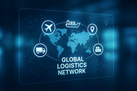 This graphic illustrates a global logistics network, highlighting various transportation modes, including air, sea, and land. Connections across continents are indicated with lines.の素材