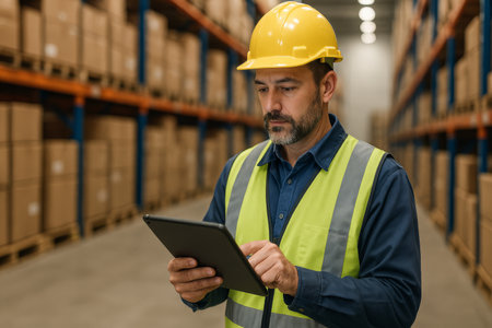 A worker in a high visibility vest and hard hat checks inventory on a tablet in a large warehouse filled with neatly stacked cardboard boxes.の素材