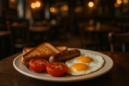A hearty breakfast plate featuring two fried eggs, sausage, grilled tomatoes, and toast is served in a warm, inviting restaurant atmosphere filled with soft lighting.の素材
