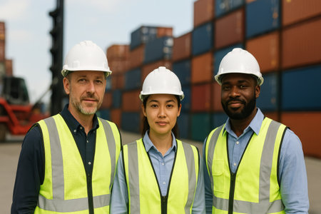 Three workers wearing hard hats and high-visibility vests pose together at a shipping yard surrounded by colorful cargo containers under a clear sky.の素材