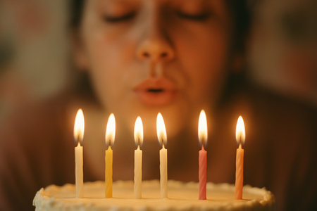 A person is blowing out candles on a colorful birthday cake while surrounded by a warm and inviting atmosphere. Candles flicker, adding to the joyful moment.の素材