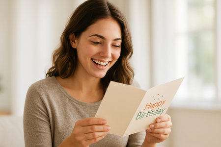 A woman smiles with joy as she reads a birthday card in a cozy indoor environment. Bright natural light fills the space, enhancing her happy expression during the celebration.の素材