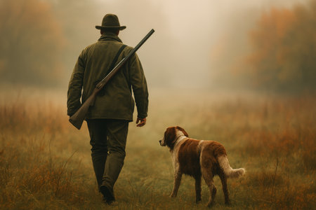 A man with a hunting rifle strolls through a foggy landscape, accompanied by his dog. The tranquil atmosphere highlights the beauty of a serene autumn day.の素材