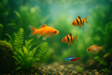Various fish including orange, striped, and blue varieties swim gracefully among lush green plants and rocky formations in a well-maintained aquarium.の素材