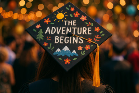 A graduation cap featuring a sunflower design is showcased at a lively outdoor ceremony filled with graduates and supporters.の素材