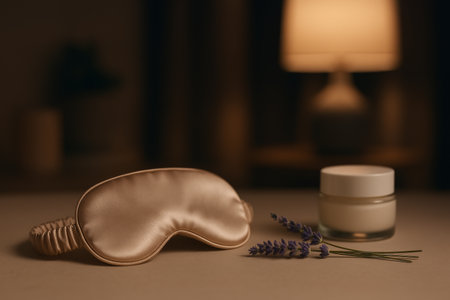 A soothing night routine features a silk eye mask, a jar of cream, and fresh lavender arranged on a calming table beside a warm lamp in a cozy room.の素材
