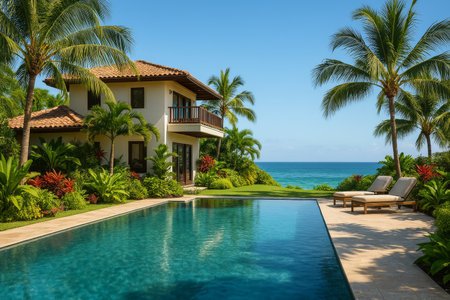 A tranquil pool area features modern lounge chairs and lush greenery, creating a peaceful atmosphere with ocean views under a bright sky during a sunny day.の素材