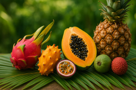 A colorful assortment of tropical fruits including dragon fruit, papaya, pineapple, and passion fruit displayed on a wooden table. Lush greenery provides a vibrant backdrop.の素材