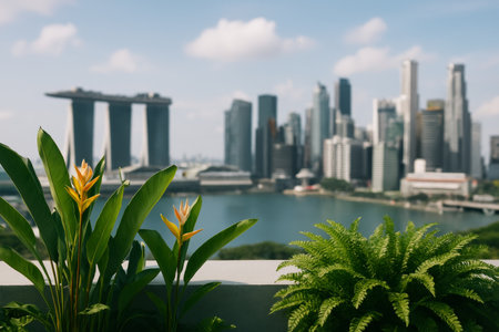 A vibrant view of Singapores skyline showcases towering skyscrapers and lush greenery. Palm leaves frame the foreground, offering a serene contrast to the bustling city.の素材