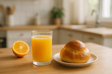 Freshly squeezed orange juice is served in a glass alongside a warm pastry on a plate at a kitchen table. Sunlight filters through the window, creating a welcoming atmosphere.の素材
