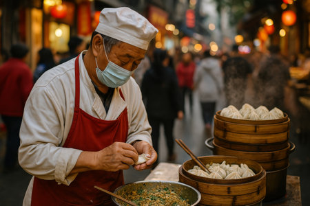 A skilled artisan meticulously shapes dumplings at a bustling street market during dusk. The warm glow of lights creates a vibrant atmosphere, enhancing the culinary experience.の素材
