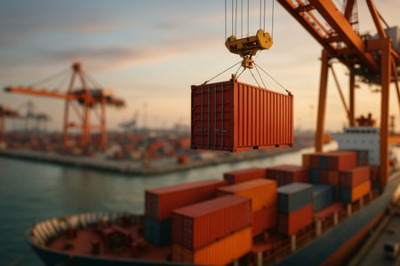 A large crane lifts a bright orange cargo container above a waiting ship at a bustling port during sunset. The setting sun casts warm hues on the scene.の素材