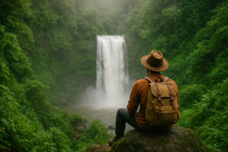 A man sits on a rock overlooking a majestic waterfall surrounded by dense green foliage. The mist rises from the water as morning light breaks through the trees.の素材