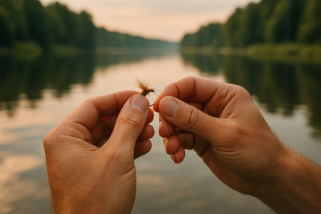 Two hands prepare a fly for fishing while sitting by a tranquil river. The setting sun casts a warm glow over the water, surrounded by lush greenery.の素材