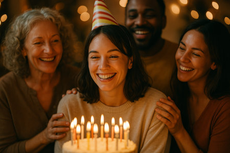 Friends and family gather around a birthday cake, sharing laughter and smiles as candles glow in a warm and cozy atmosphere during a celebration.の素材