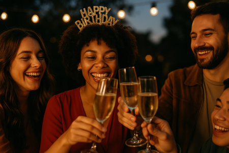 Friends gather outdoors in the evening, sharing a joyful birthday toast with sparkling drinks. A woman in a crown smiles brightly, surrounded by laughter and celebration.の素材
