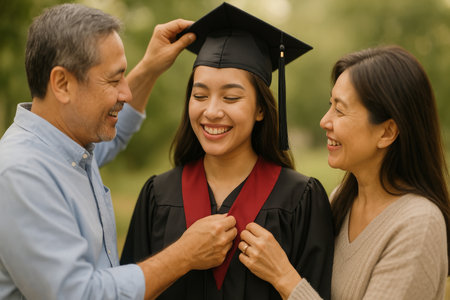 A graduate stands proudly in her cap and gown as her parents adjust her robe. The sun filters through trees, creating a warm and joyful atmosphere on this special day.の素材
