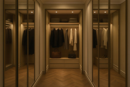 A stylish closet showcases organized clothing and accessories. Soft lighting highlights neatly arranged garments on hangers with shelving for additional storage.の素材