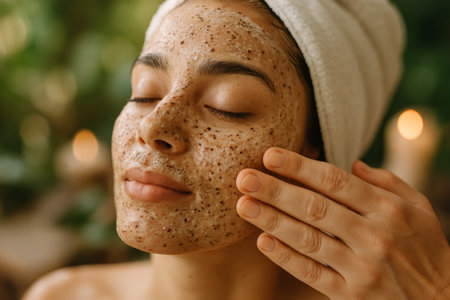 A woman enjoying a facial scrub at a spa, surrounded by soft candlelight and lush greenery. Her skin glows as she relaxes in this soothing atmosphere.の素材