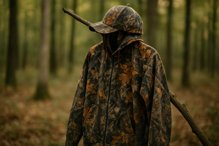 A camouflaged hoodie drapes over a tree branch in a peaceful forest setting. The leaves turn amber, indicating autumn, while sunlight filters through the greenery.の素材