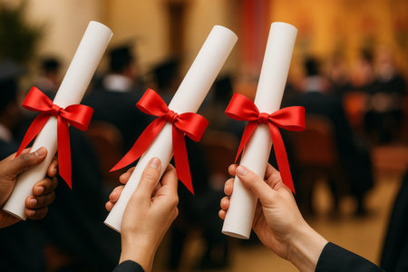 Three graduates proudly hold their diplomas, adorned with red ribbons, in a ceremonial event. Friends and family celebrate achievements during this significant occasion.の素材