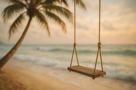 A wooden swing hangs from a palm tree near the shore as waves softly crash against the beach during sunset. The warm colors create a peaceful atmosphere perfect for relaxation.の素材