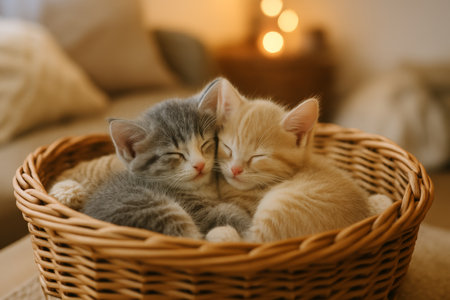 Two kittens, one gray and one orange, are peacefully sleeping together in a wicker basket while surrounded by soft blankets in a cozy living room setting.の素材
