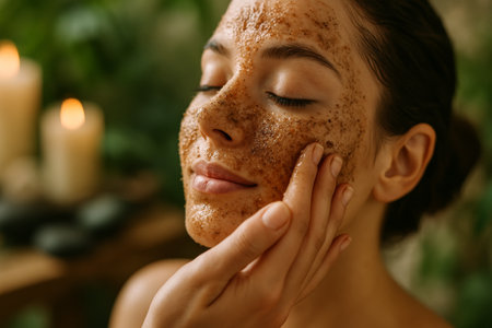 A woman enjoying a facial scrub at a spa, surrounded by soft candlelight and lush greenery. Her skin glows as she relaxes in this soothing atmosphere.の素材