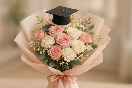A beautiful flower bouquet consists of a red rose, pink carnations, and greenery, topped with a miniature graduation cap. Perfect for celebrating graduation milestones.の素材