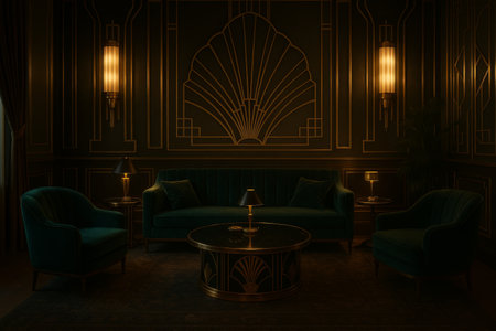 A sophisticated lounge features a deep green velvet sofa and armchairs, softly lit by warm lamps, creating an inviting ambiance in a vintage setting after dark.の素材