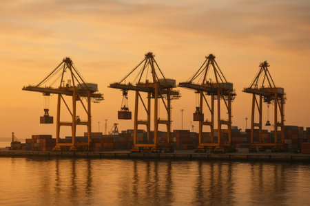 Crane structures are silhouetted against a warm sunrise at a bustling port, surrounded by stacks of colorful shipping containers. The tranquil water reflects the beautiful scene.の素材