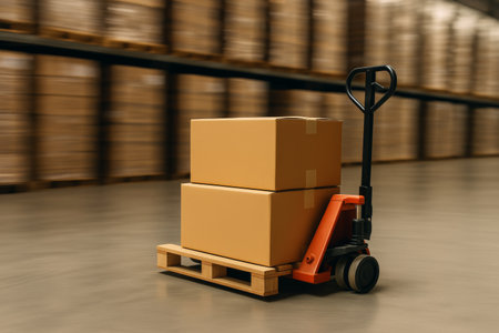 Boxes stacked on a wooden pallet are placed on a yellow pallet jack in a spacious warehouse. The environment is organized and designed for efficient storage.の素材