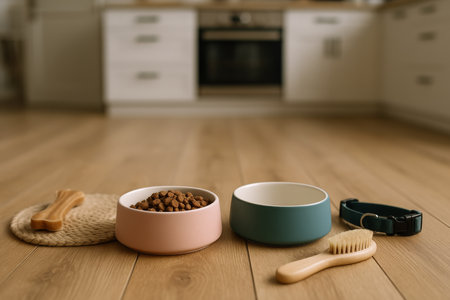 Clean and organized pet feeding area two features bowls filled with kibble and an empty bowl, alongside grooming tools and a collar on a wooden floor in a bright kitchen.の素材