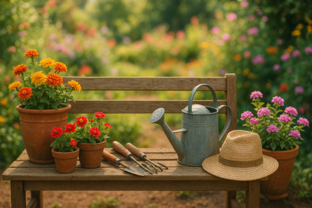 Colorful flowers in pots surround a wooden bench. Gardening tools and a watering can rest on the bench under the warm sunlight of a spring day, creating a serene atmosphere.の素材