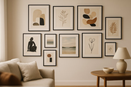 A stylish arrangement of modern artwork hangs on a light wall above a comfortable sofa, creating a warm atmosphere in a bright living room. The decor offers a serene aesthetic.の素材