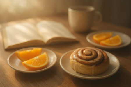 A cinnamon roll sits on a plate next to orange slices, with a warm drink and an open book nearby, all bathed in soft morning light creating a cozy atmosphere.の素材