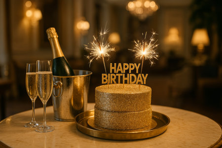 Friends gather to celebrate a birthday with a decorative cake topped with sparklers, champagne flutes, a gift, and a festive atmosphere filled with joy and laughter.の素材