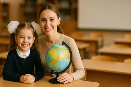 A cheerful teacher and her young student pose together in a classroom, smiling while holding a colorful globe on the table. They are engaged in a fun geography lesson.の素材