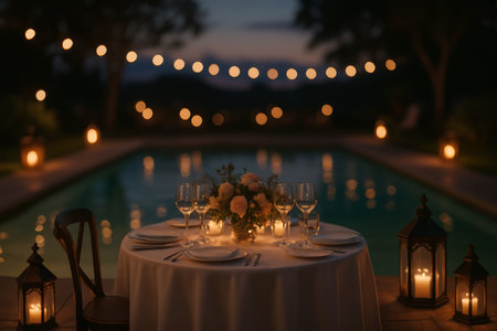 A beautifully arranged dinner table by a blue pool features elegant dishes and glasses. Soft lights illuminate the space, creating a cozy atmosphere as dusk approaches.の素材