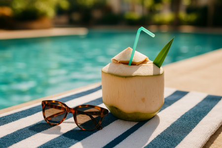 Bright green coconut filled with a refreshing drink sits beside dark sunglasses on a striped towel near a sparkling swimming pool on a sunny day.の素材